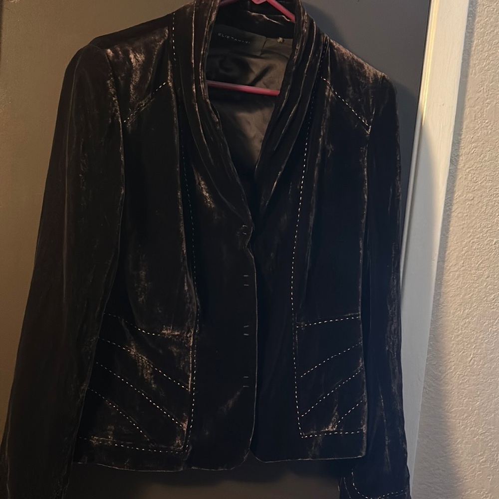 Elie Tahari Dark Brown Silk Velvet Blazer Jacket Embroidered  Size Medium M
